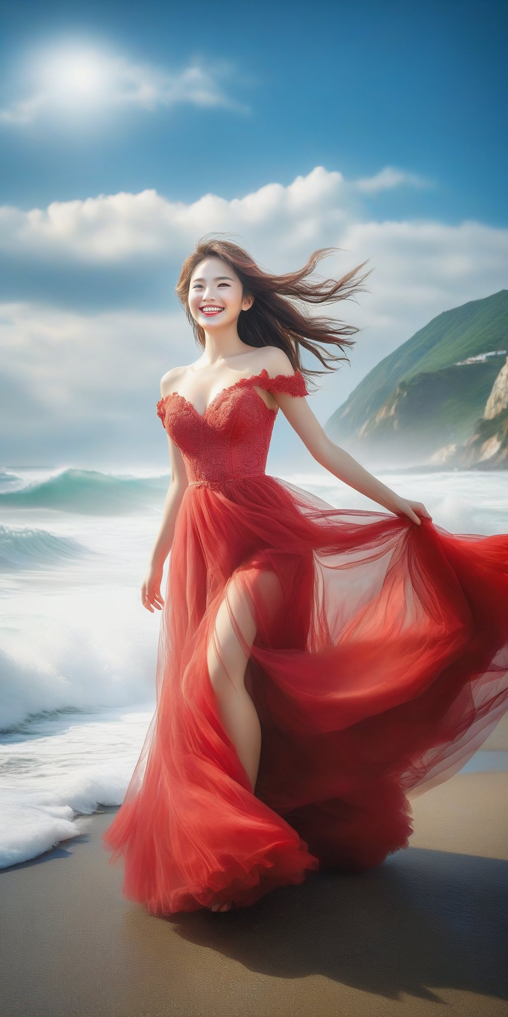 A girl , large breast, (smile:1.4), on the seaside trail, background is  an extreme  ROGUE waves. { Clear BLUE SKY with white clouds }, Her RED TULLE dress is flowing in a whirlwind. Long hair, { barefeet } , dynamic movement, blend of surrealism and realism. sharp focus, { COWBOY  shot}, wide angle, (masterpiece, top quality, best quality, official art, beautiful and aesthetic:1.2), (1girl:1.4), simple background, 16k, high resolution, bokeh,  ,minimalist hologram,style,,taiwan