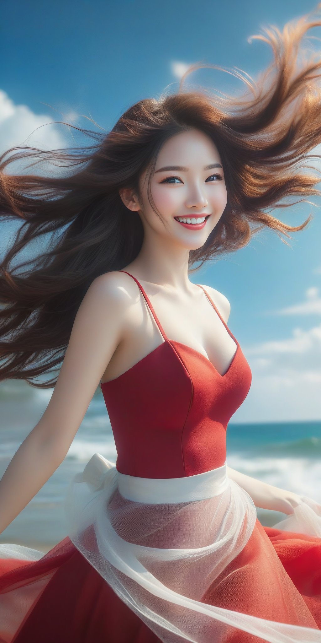 A girl , large breast, (smile:1.4), on the seaside trail, background is  an extreme  ROGUE waves. { Clear BLUE SKY with white clouds }, Her RED TULLE dress is flowing in a whirlwind. Long hair, { barefeet } , dynamic movement, blend of surrealism and realism. sharp focus, { COWBOY  shot}, wide angle, (masterpiece, top quality, best quality, official art, beautiful and aesthetic:1.2), (1girl:1.4), simple background, 16k, high resolution, bokeh,  ,minimalist hologram,style,,taiwan