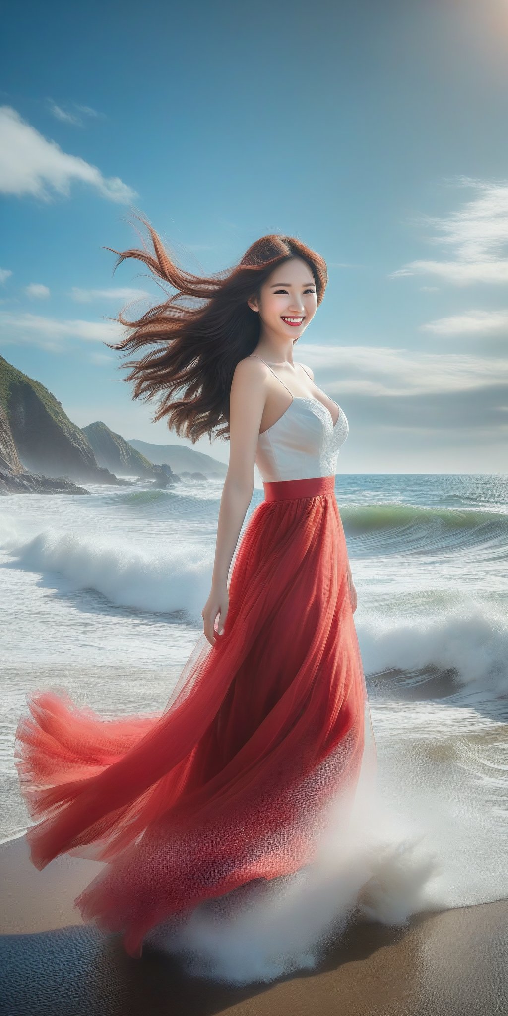 A girl , large breast, (smile:1.4), on the seaside trail, background is  an extreme  ROGUE waves. { Clear BLUE SKY with white clouds }, Her RED TULLE dress is flowing in a whirlwind. Long hair, { barefeet } , dynamic movement, blend of surrealism and realism. sharp focus, { COWBOY  shot}, wide angle, (masterpiece, top quality, best quality, official art, beautiful and aesthetic:1.2), (1girl:1.4), simple background, 16k, high resolution, bokeh,  ,minimalist hologram,style,,taiwan