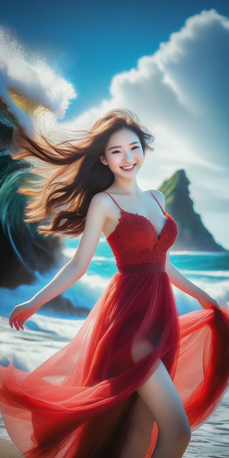 A girl , large breast, (smile:1.4), on the seaside trail, background is  an extreme  ROGUE waves. { Clear BLUE SKY with white clouds }, Her RED TULLE dress is flowing in a whirlwind. Long hair, { barefeet } , dynamic movement, blend of surrealism and realism. sharp focus, { COWBOY  shot}, wide angle, (masterpiece, top quality, best quality, official art, beautiful and aesthetic:1.2), (1girl:1.4), simple background, 16k, high resolution, bokeh,  ,minimalist hologram,style,,taiwan