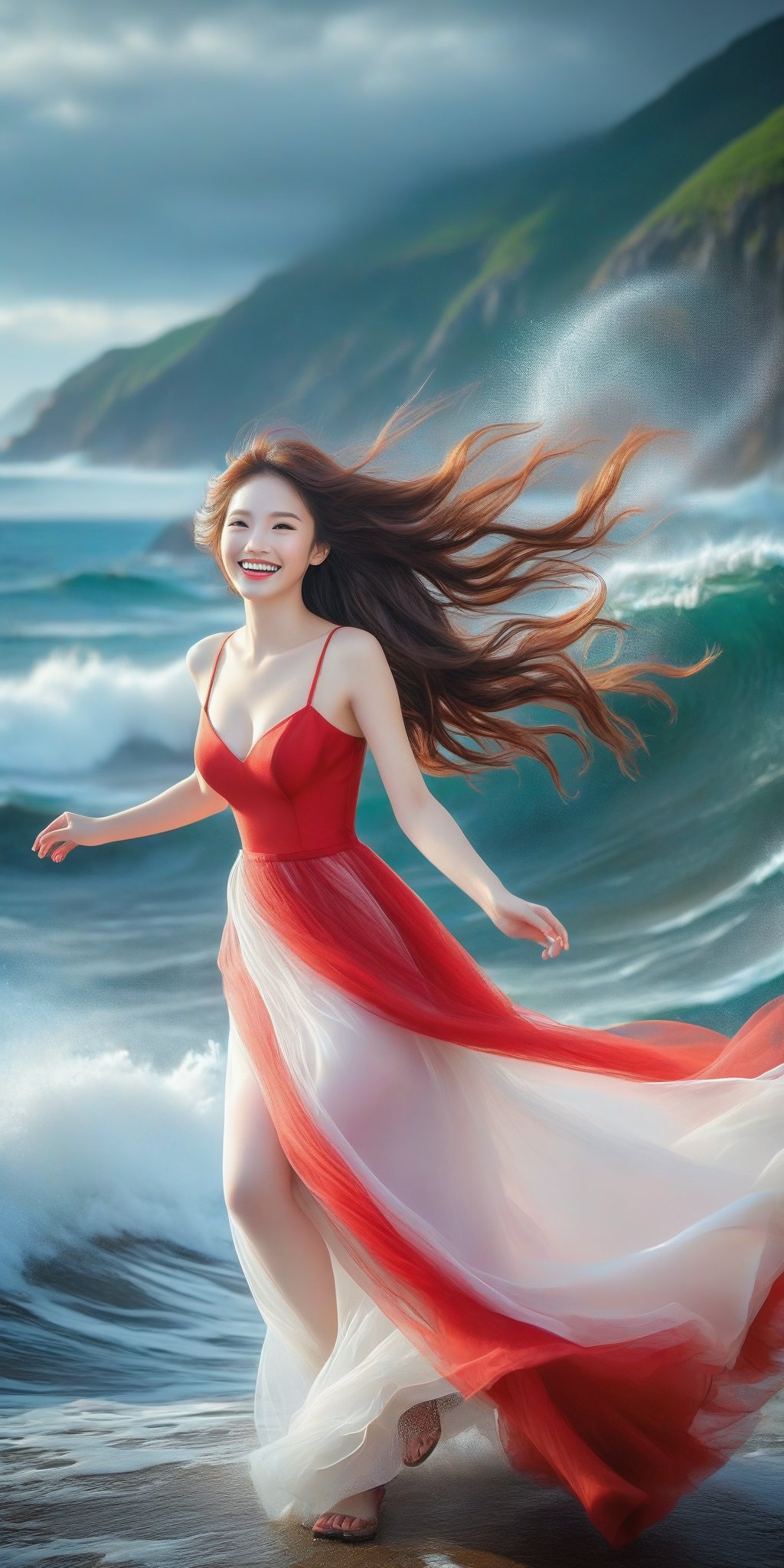 A girl , large breast, (smile:1.4), on the seaside trail, background is  an extreme  ROGUE waves. { Clear BLUE SKY with white clouds }, Her RED TULLE dress is flowing in a whirlwind. Long hair, { barefeet } , dynamic movement, blend of surrealism and realism. sharp focus, { COWBOY  shot}, wide angle, (masterpiece, top quality, best quality, official art, beautiful and aesthetic:1.2), (1girl:1.4), simple background, 16k, high resolution, bokeh,  ,minimalist hologram,style,,taiwan