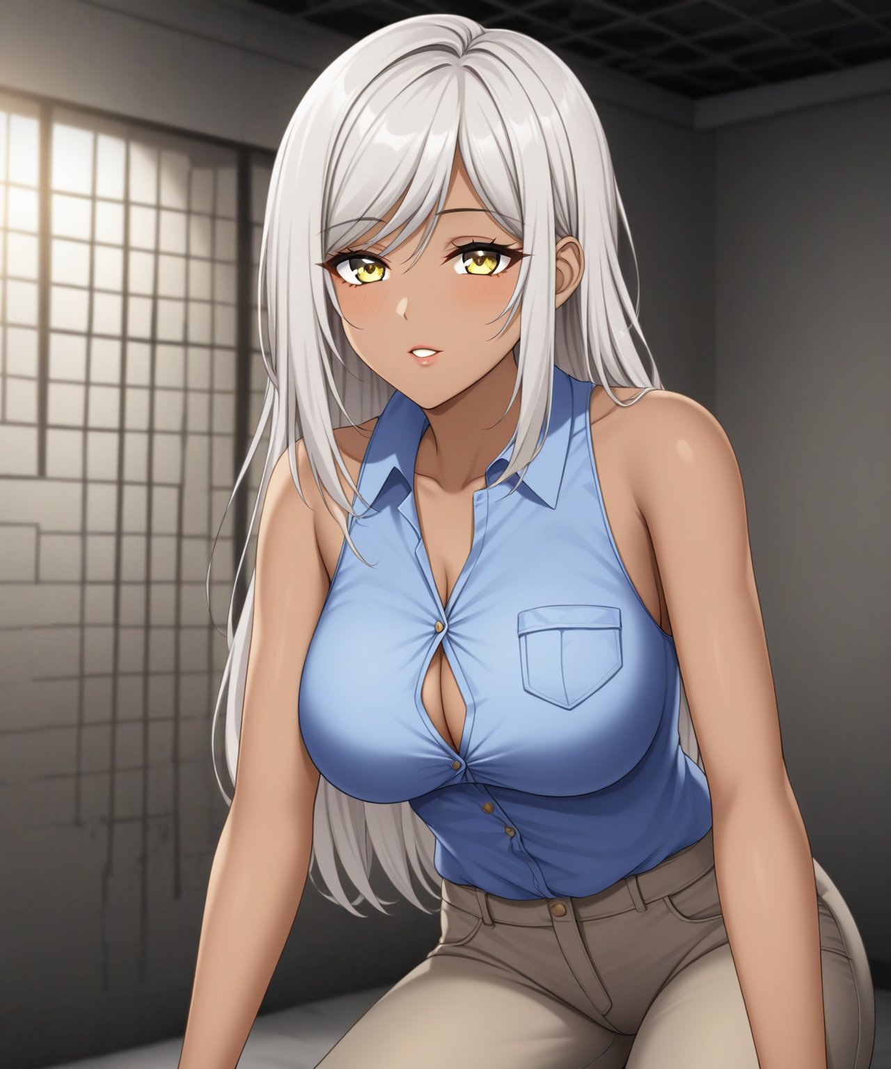 Brown skin beautiful sexy anime girl with long silver hair & yellow eyes, wearing blue sleeveless button up collared shirt & beige khaki pants, inside of a abandoned biomechanical prison in a dark night sky, 1girl, dystopian
