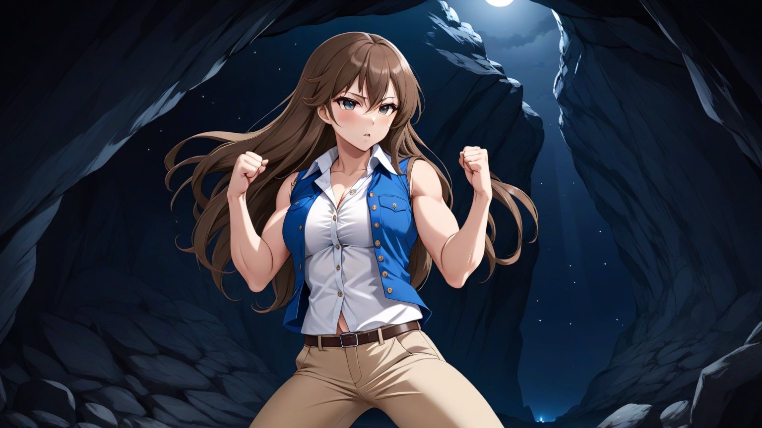 beautiful sexy anime girl with long brown hair & a muscular body, clenching her fists, fight idle pose, wearing white sleeveless button up collared shirt with a blue vest over it & beige khaki pants, inside of a dark cave in a dark night sky, 1girl