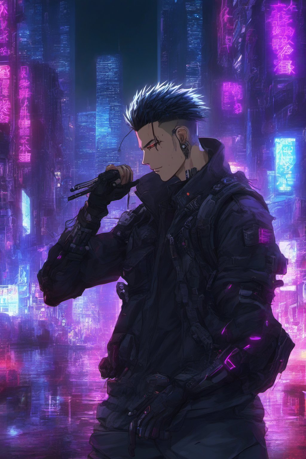 anime men busterarms hacker cyberpunk night city,background