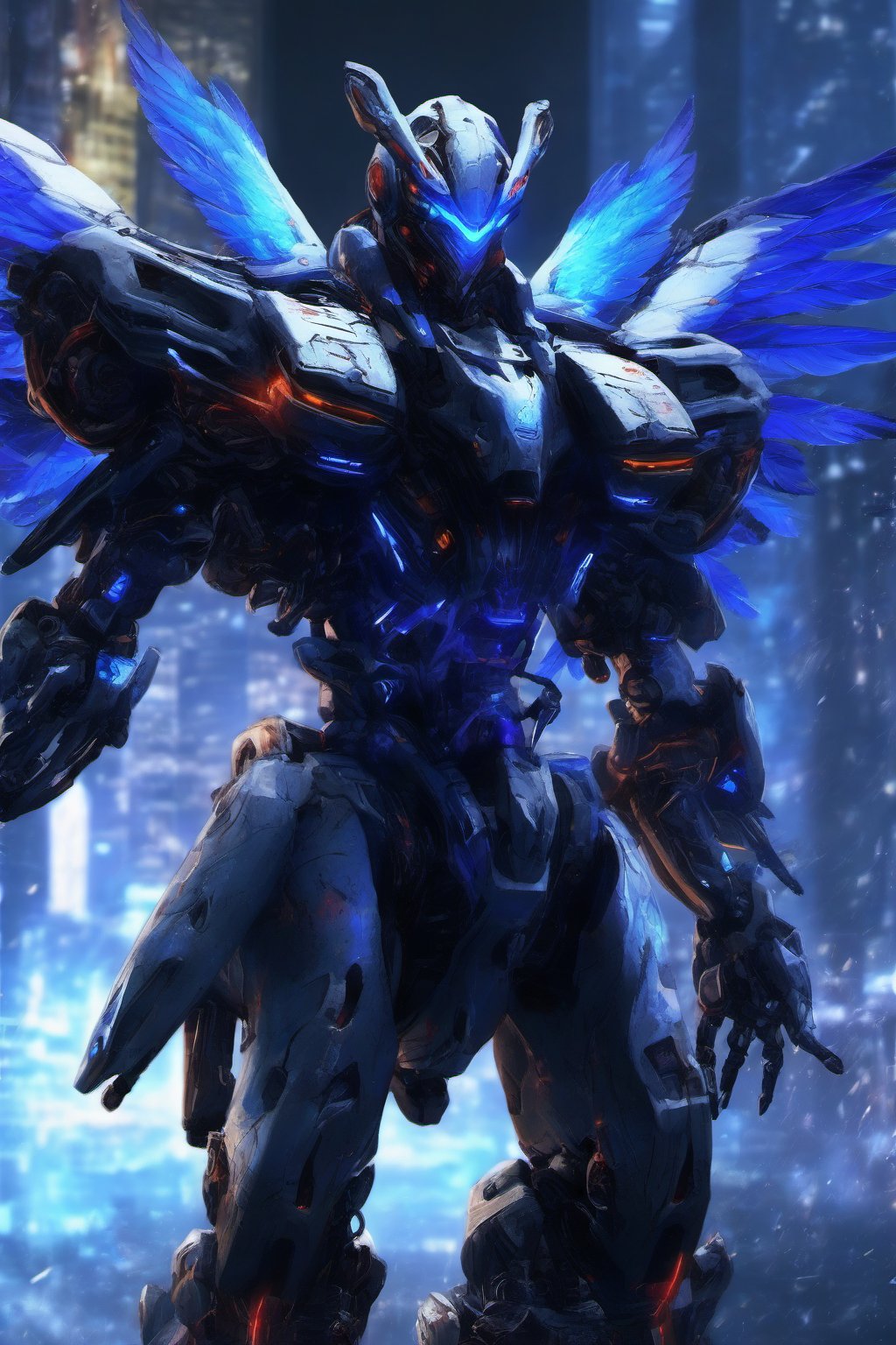 Mecha Cyborg 1Wing Garuda BlueFlame Bird Cyber Black Hood Mecha Evil robot,background,night city