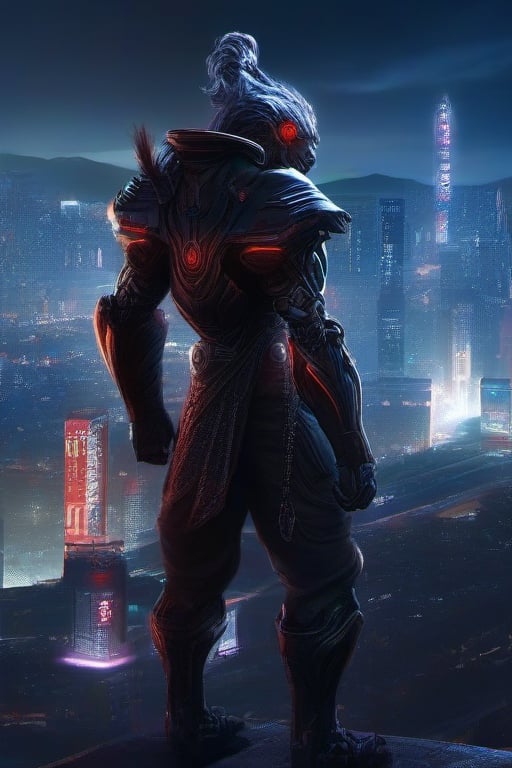 Monkey king Lunar Staff cyborg Power Nightcity Cyber Black Hood Mecha Evil robot,background,night city ,background,night city