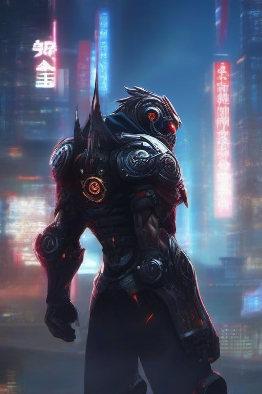 Monkey king Lunar Staff cyborg Power Nightcity Cyber Black Hood Mecha Evil robot,background,night city ,background,night city