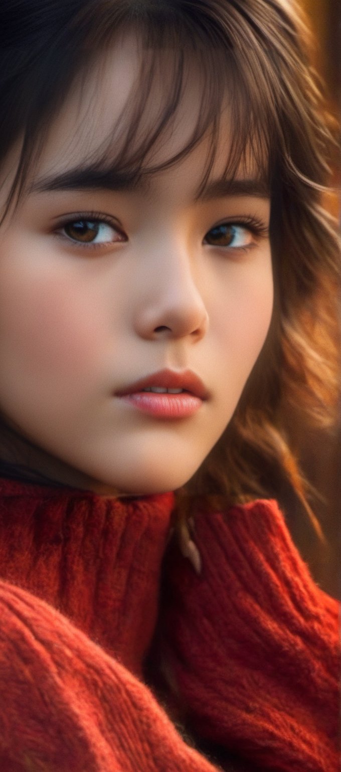 ((Top quality)), ((Masterpiece)), Portrait of girl with neat hairstyle, ((front,)) red turtleneck t-shirt, beautiful eyes, brown eyes, black short hair, intricate details, highly detailed eyes, small mouth, movie image, lit with soft light, perfect face,xeesoxee