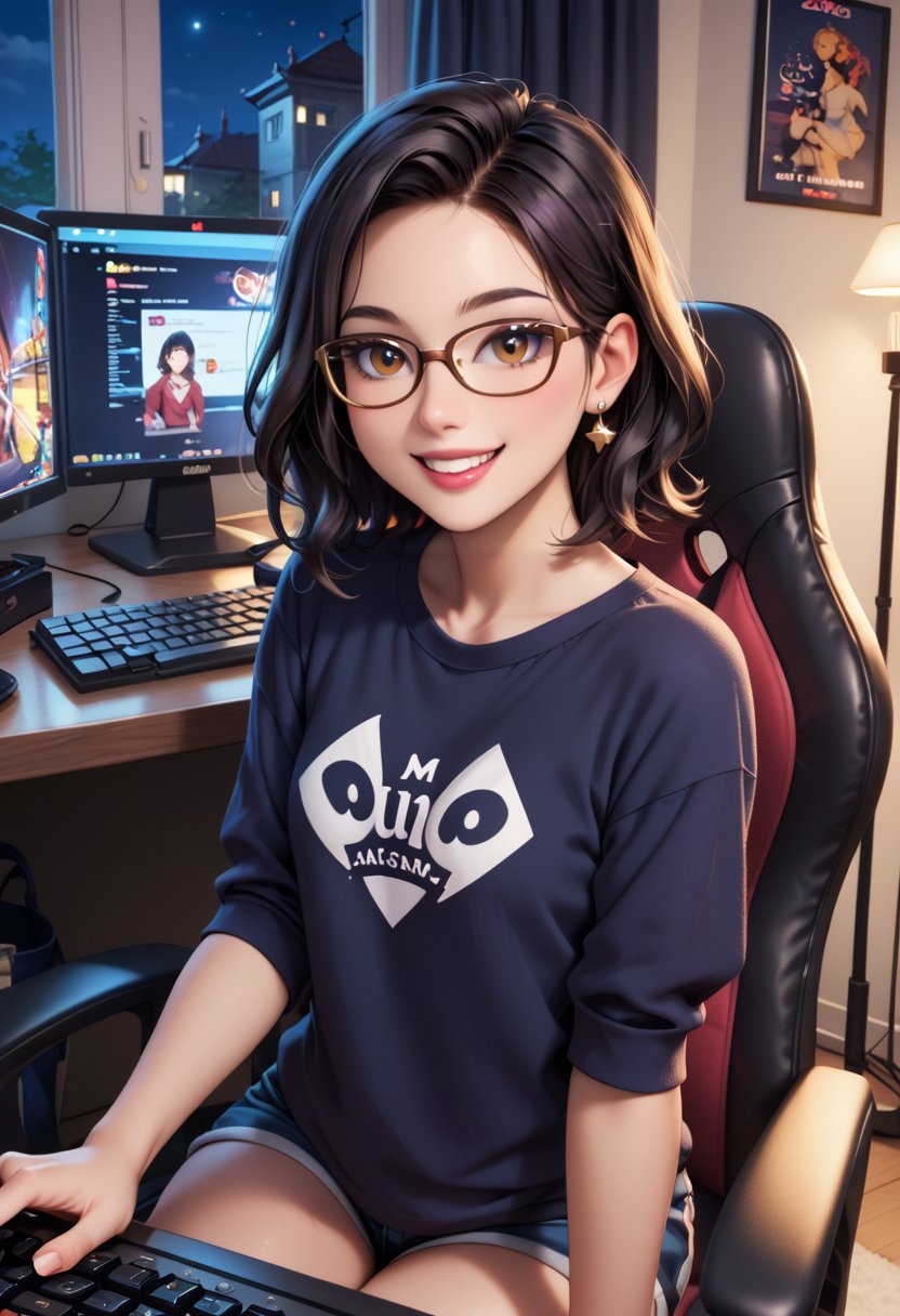 score_9, score_8_up, score_7_up, source_anime, looking at viewer, smile, 1girl, black hair, medium hair, brown eyes, glasses, shirt, shorts, sitting, indoors, gaming chair, desk, indoors, night, bedroom, dark room, screen light, monitor, keyboard (computer)