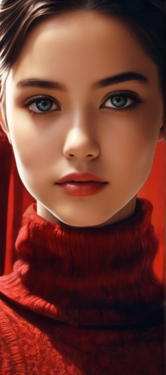 ((Top quality)), ((Masterpiece)), Portrait of girl with neat hairstyle, ((front,)) red turtleneck t-shirt, beautiful eyes, brown eyes, black short hair, intricate details, highly detailed eyes, small mouth, movie image, lit with soft light, perfect face,aesthetic portrait