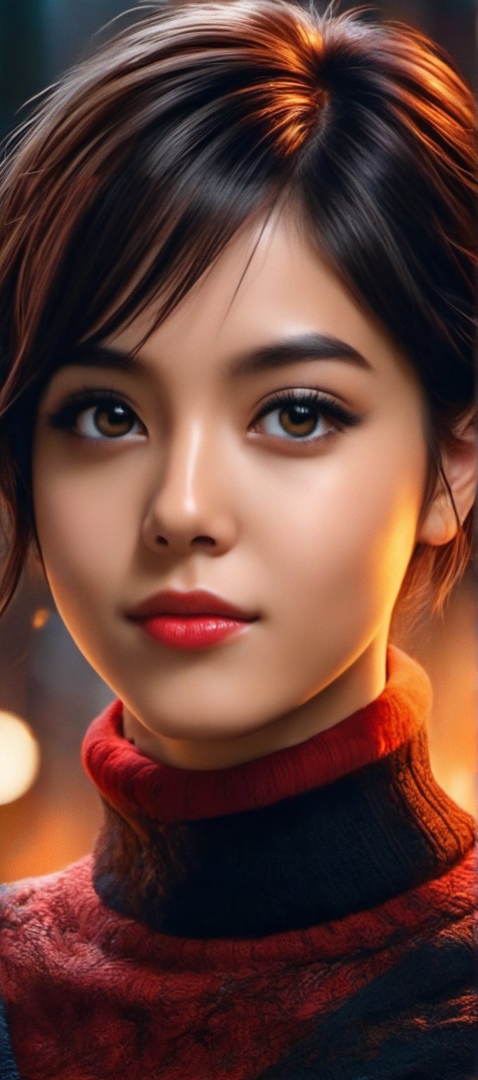 ((Top quality)), ((Masterpiece)), Portrait of girl with neat hairstyle, ((front,)) red turtleneck t-shirt, beautiful eyes, brown eyes, black short hair, intricate details, highly detailed eyes, small mouth, movie image, lit with soft light, perfect face,aesthetic portrait