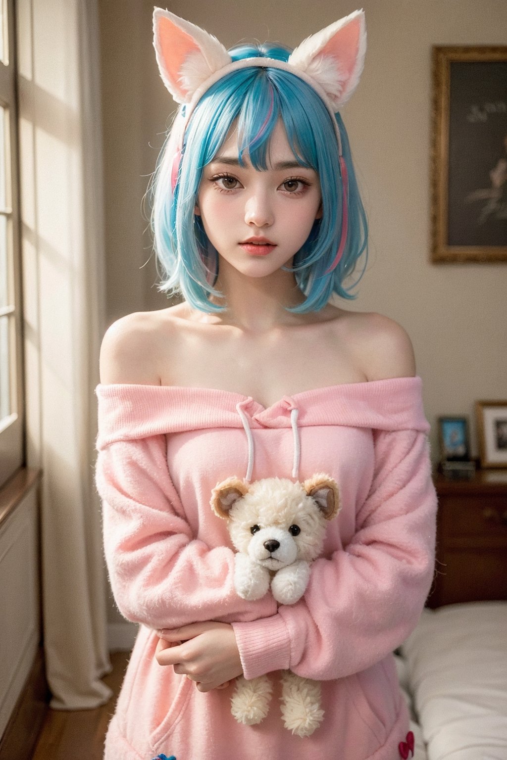 (best quality, masterpiece), 1girl, off shoulder,(softcolored hair:1.3), clutter girl's lovely room, hugging stuffed animal, fluffy hoodie with animal ears, 15 year old, FUJI