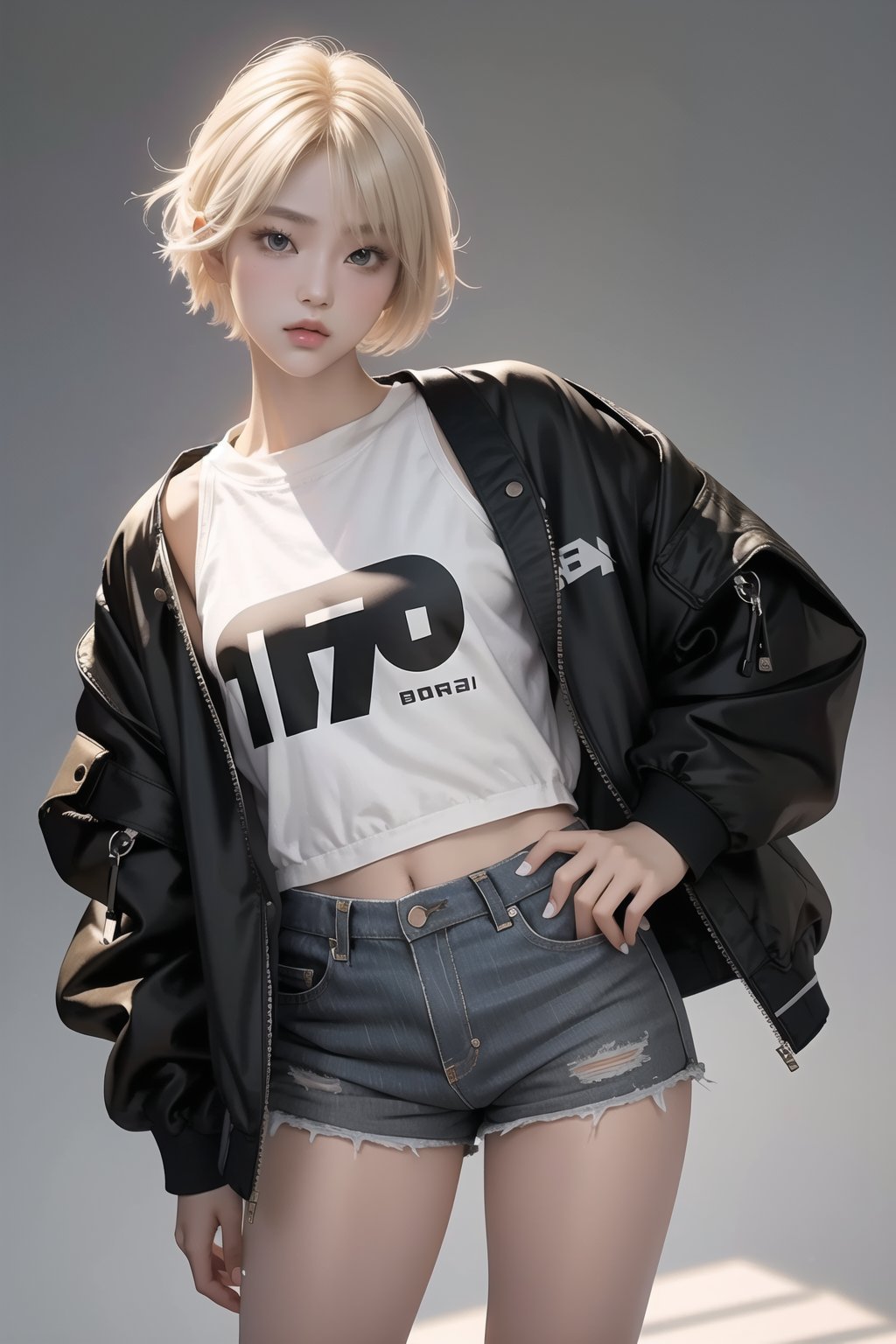 Best quality, masterpiece, ultra high res, (photorealistic:1.4), raw photo, korea girl 22 year old, blond sleek pixie shorts hair style, wearing oversize black jacket bomber m1, shorts bluejeans, white sneaker, solid grey background,鄰家女孩,女孩