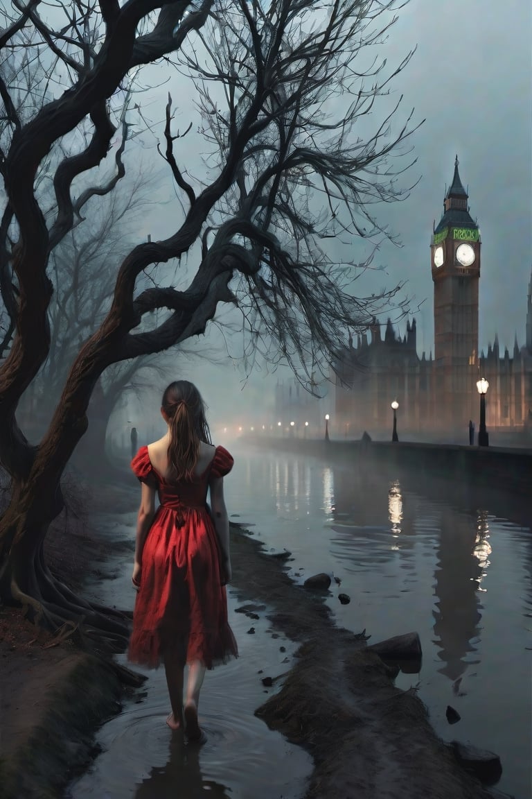 Close-up image, a desolate riverside path at dusk in the shores of a city. The path is lined with skeletal trees with gnarled branches. In the distance, a young girl in a bright red dress stands in the path on the riverside by the water's edge at night. The girl's back is to the viewer, and she appears to be gazing intently into the murky water. london light ((cityscape at distance)), fog in the air, cold tones, dark cinematic lighting, dark shadows, horror atmosphere, noir style, dark moody atmosphere