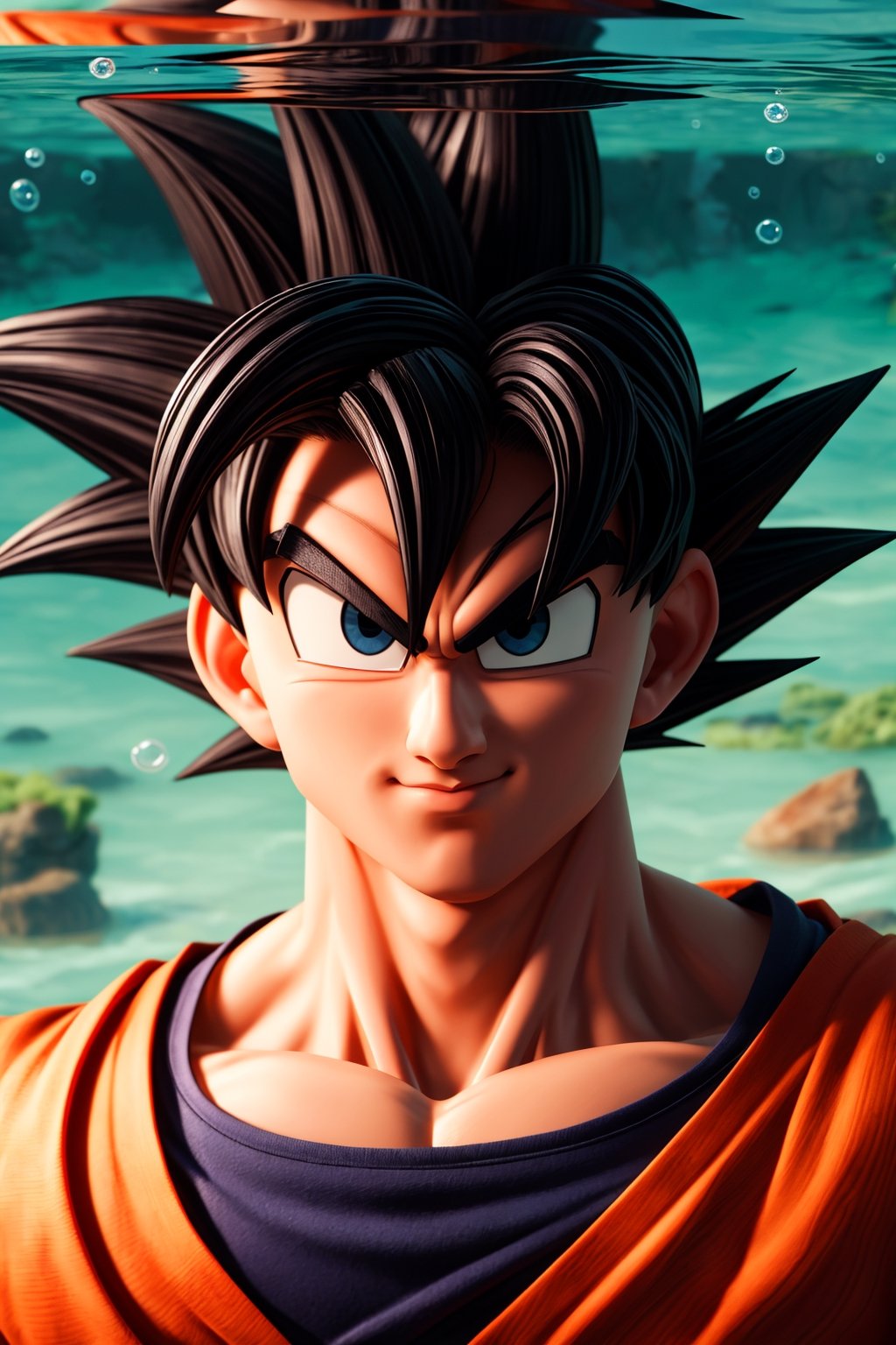 Highly detailed, High Quality, Masterpiece,beautiful, (medium short shot),1boy, solo, Son Goku from Dragon Ball,Portrait underwater, detaild, background, air bubbles. anatomy, eyes open, black_eyes, black_eyebrows , son goku, Dragon Ball, muscular, muscular man,closed mouth..,perfect split lighting