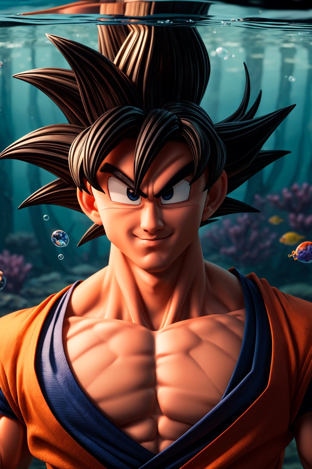 Highly detailed, High Quality, Masterpiece,beautiful, (medium short shot),1boy, solo, Son Goku from Dragon Ball,Portrait underwater, detaild, background, air bubbles. anatomy, eyes open, son goku, Dragon Ball,male focus, muscular, muscular man,closed mouth..,perfect split lighting