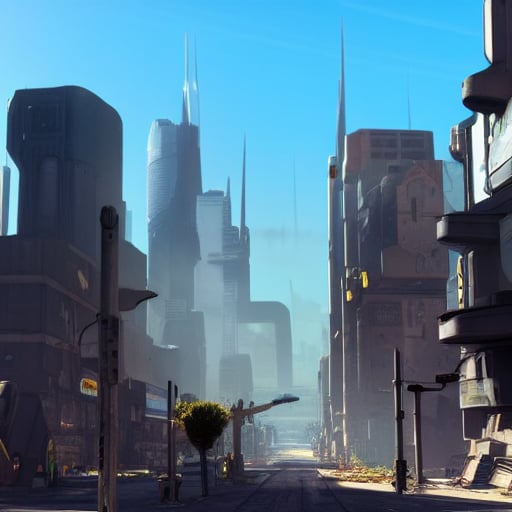 Futuristic post apocalyptic dystopian city street view on a hot summer day