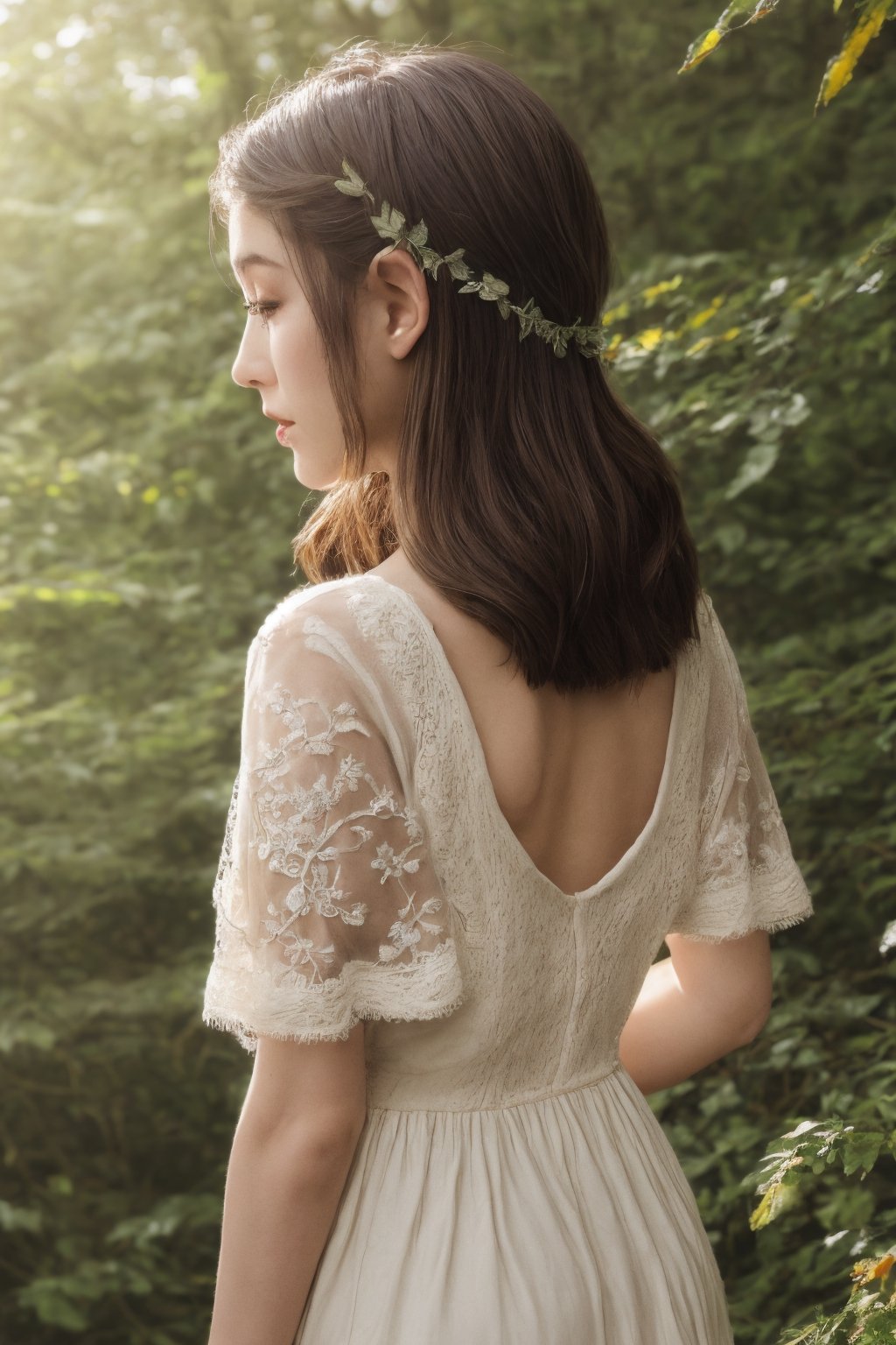 Soft light, HD, realistic skin, photorealism, multiple_views_of_elf_girl, beautiful_embroided_dress
,glowing forest background,rear view, many_angles, sunny_day, viewed_from_side, Enhance