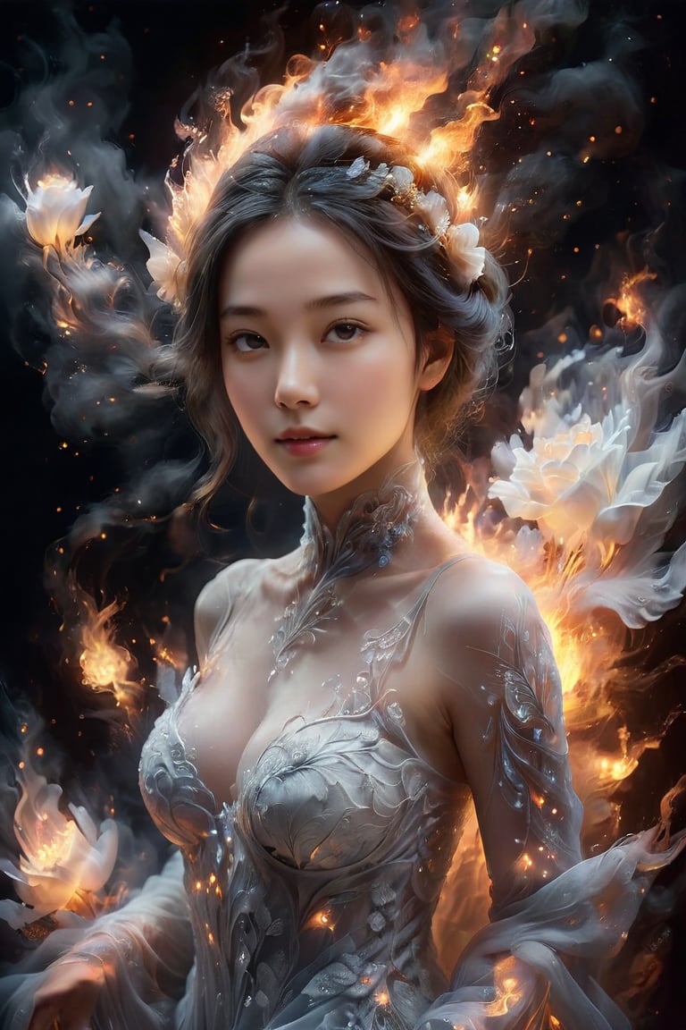 A woman's ethereal figure emerges from a vortex of smoky gray and white hues, as if suspended amidst swirling embers. Her face, aglow with an otherworldly intensity, is framed by delicate, surrealistic floral patterns that seem to unfurl from her very skin. The composition centers around her full-body form, posed in profile, against a darkened backdrop of smoky wisps.