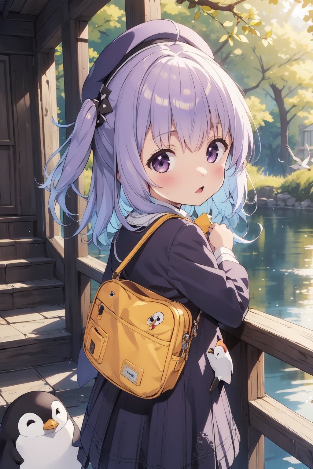 masterpiece,illustration,ray tracing,finely detailed,best detailed,Clear picture,intricate details,highlight,
anime,
gothic architecture,
looking at viewer,

nature,gothic architecture,bird,the lakeside in the heart of the forest,the staircase of the balcony,

NikkeRei,
1girl,loli,baby,long hair,hat,light purple hair,
yellow bow,yellow bag,skirt,upper body,
NikkePenguin,Penguin,