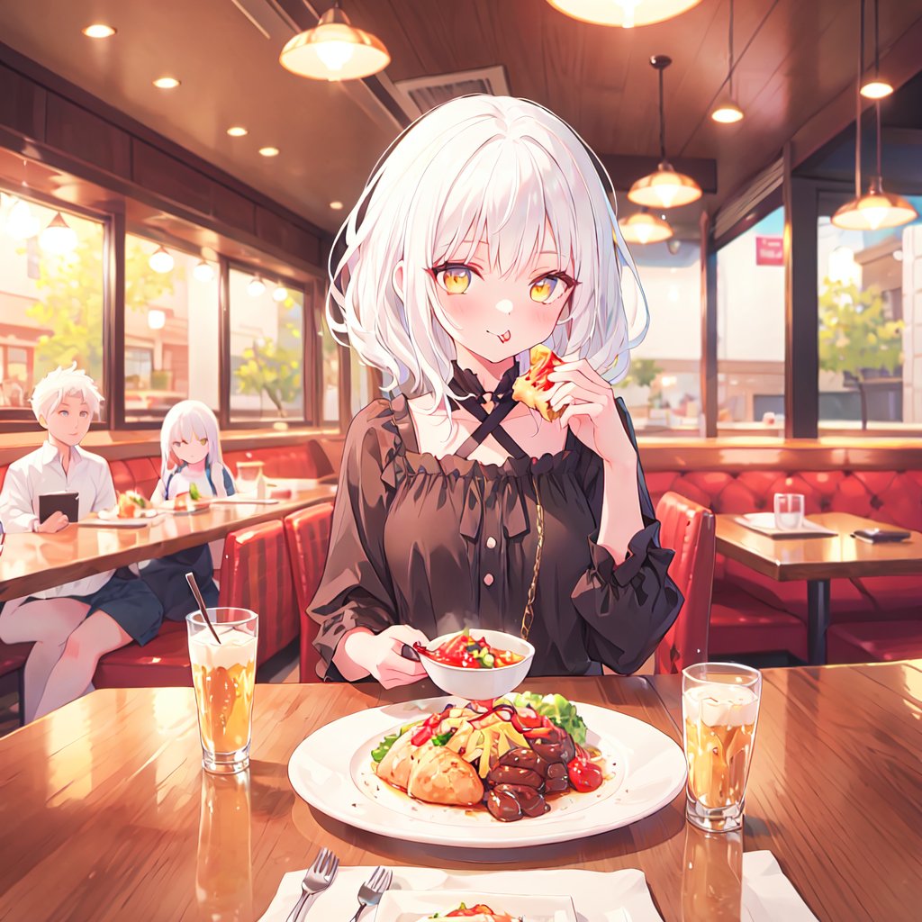 1 Girl with white hair and beautiful detailed golden eyes. 
Eating at a family restaurant.