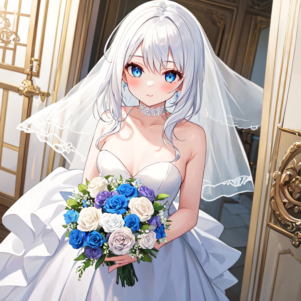 1 Girl with white hair and beautiful detailed blue eyes.
Dressed as a bride Get the bouquet.
