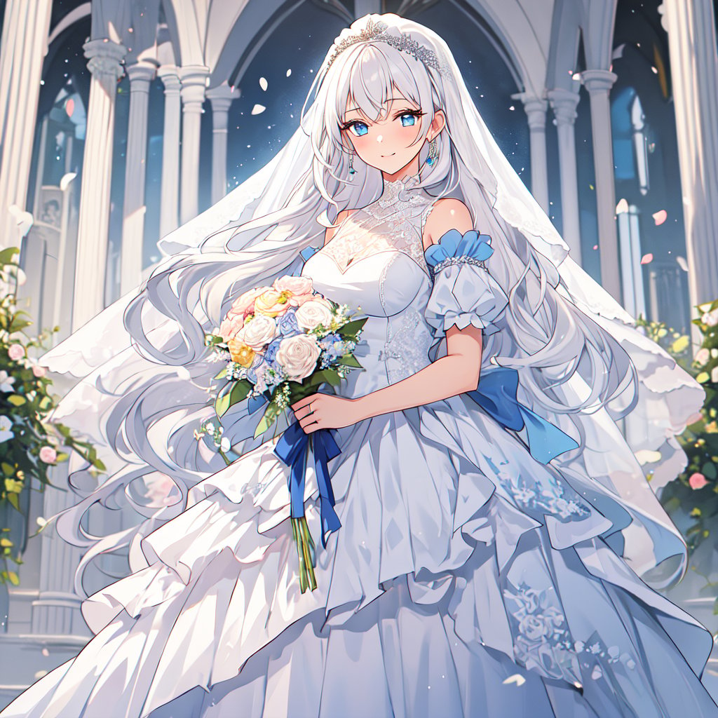 1 Girl with white hair and beautiful detailed blue eyes.
Dressed as a bride Get the bouquet.
