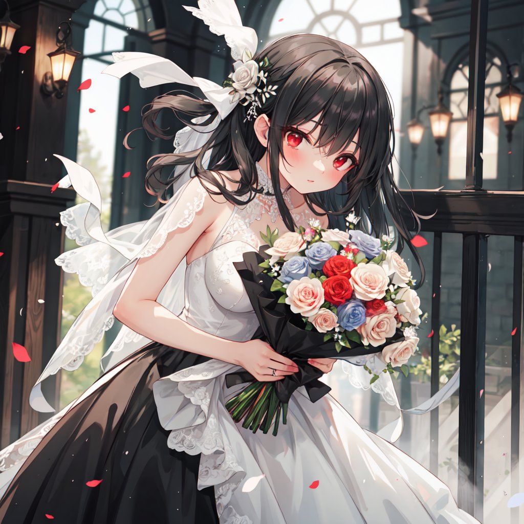 1 woman with long black hair and beautiful detailed red eyes. 
Dressed as a bride Get the bouquet.