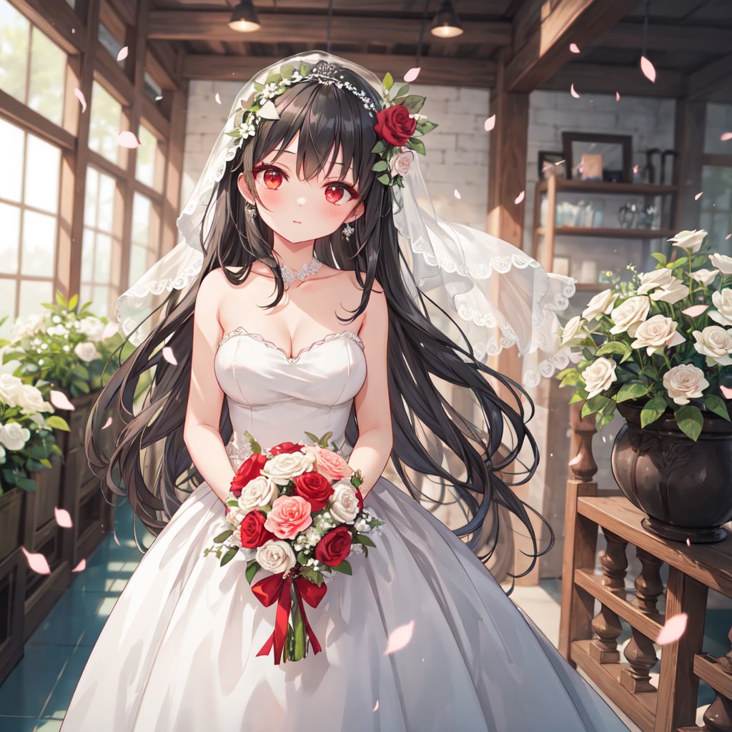 1 woman with long black hair and beautiful detailed red eyes. 
Dressed as a bride Get the bouquet.