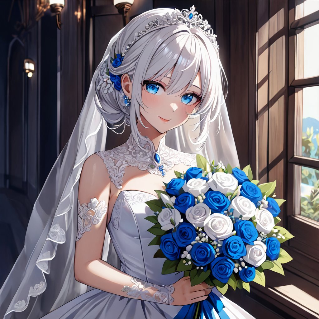 1 Girl with white hair and beautiful detailed blue eyes.
Dressed as a bride Get the bouquet.
