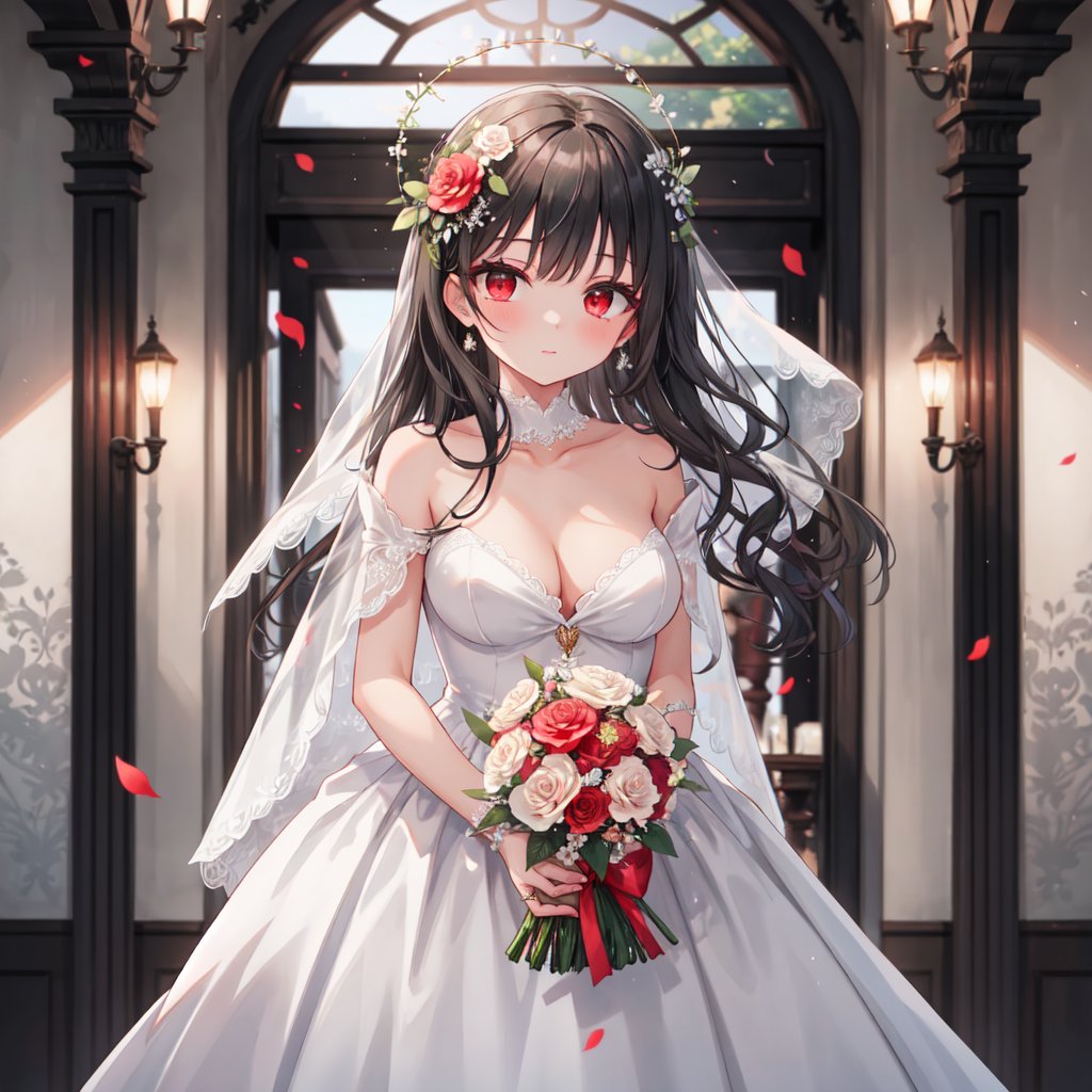 1 woman with long black hair and beautiful detailed red eyes. 
Dressed as a bride Get the bouquet.