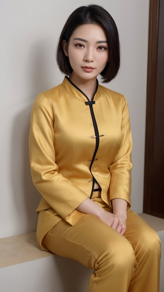 Chinese guy in malaysia,40 years old,bright honey eyes with normal size,full lips,long eyelashes,black,undercut,side part and gelled hair, Immunonutritionist,soul,spiritual_mentor,Traditional Tang Suit, facing the camera directly with a gesture of presenting, sitting upright, looking directly at the viewer with a confident expression, arms should be extended forward,the gesture should convey warmth,openness,readiness to share or present something,news reporter pose