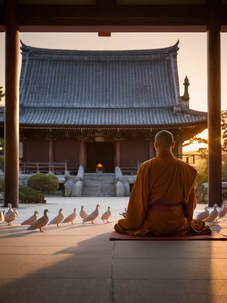 Japanese temple, monk, meditate, sunset, white doves, evening, tranquility, peace