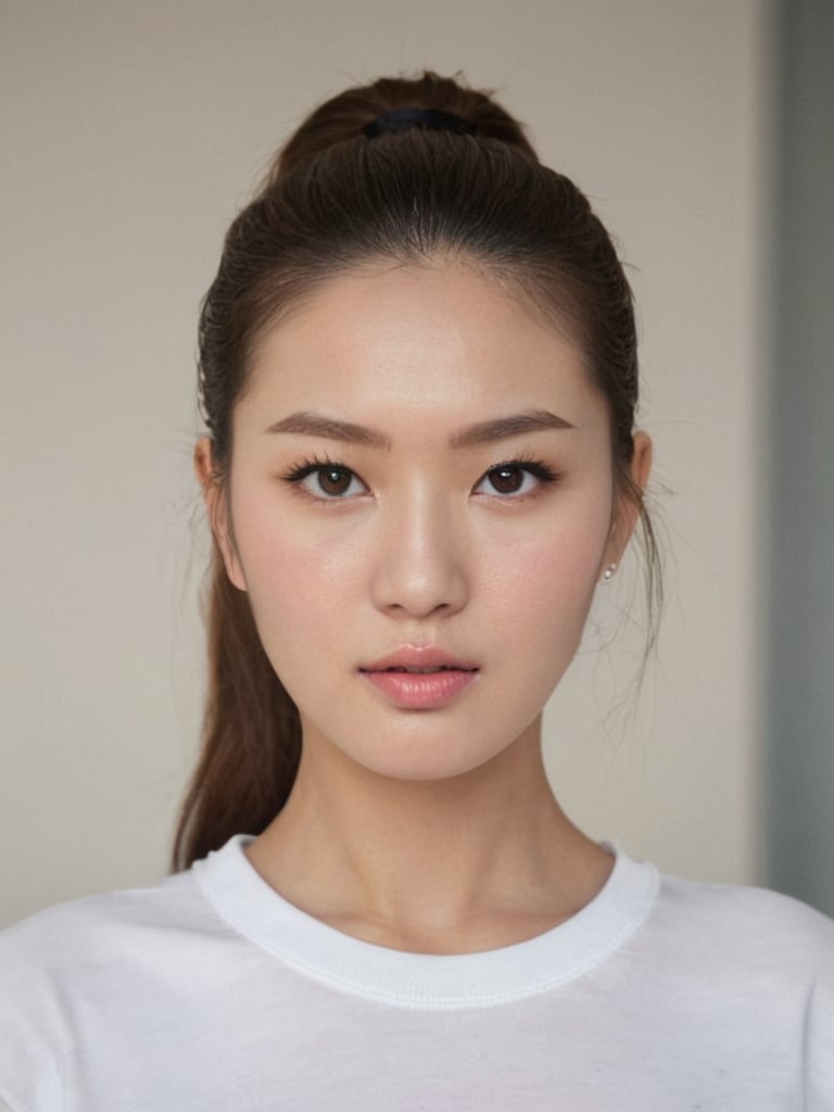 pretty french mix korean girl, 30 years old. Average body, bright honey eyes with sharp size, full lips, long eyelashes. Black, ponytail, soul and spiritual mentor. T-Shirts,cinematic,photorealistic,masterpiece,1 girl ,best quality