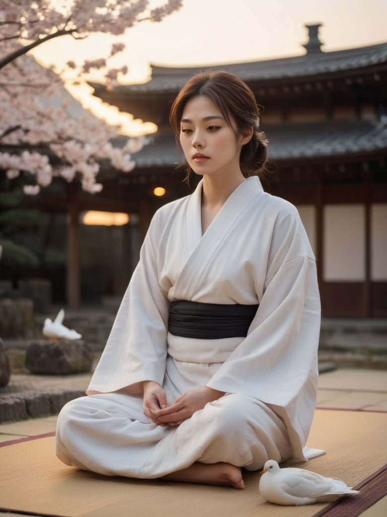 A serene Japanese temple setting at dusk, as a beautiful  korean mix french girl in black robes sits cross-legged on a tatami mat, eyes closed in meditation. Soft golden light of the sunset casts a warm glow on her tranquil face. Above, a pair of white doves flutter peacefully amidst the evening sky's subtle hues, as if reflecting the monk's serene state. Sakura, hd, extra detailed,mj