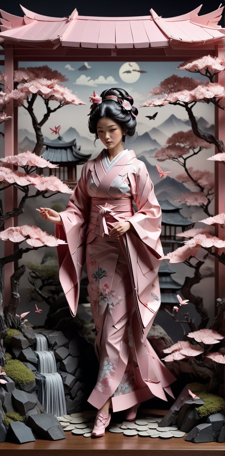 Origami geisha, diorama, Rococo-inspired, layered paper art, ethereal zen garden setting, blush pinks, Steve McCurry-like photographic sterling style influence, captured with 35mm lens, F/2.8 aperture, conveying character, sophistication, abundant detail, hyperrealism, dramatic lighting, ultra fine detail.