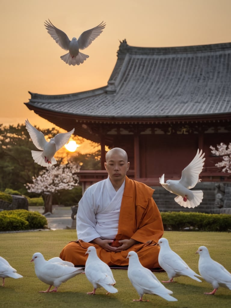 Japanese temple, monk, meditate, sunset, white doves, evening, tranquility, peace