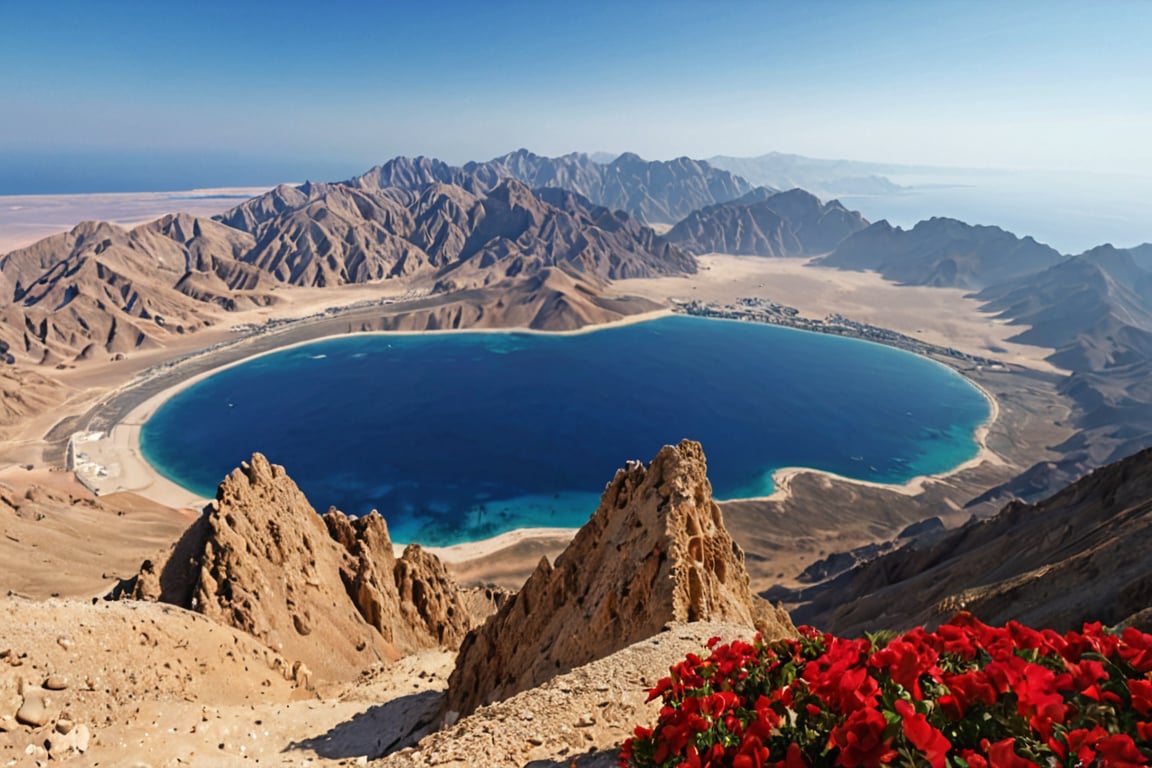 natural beatiful scene, hight view, mountain, blue sky, masterpiece, photorealistic, landscape, red sea, HD, 16K