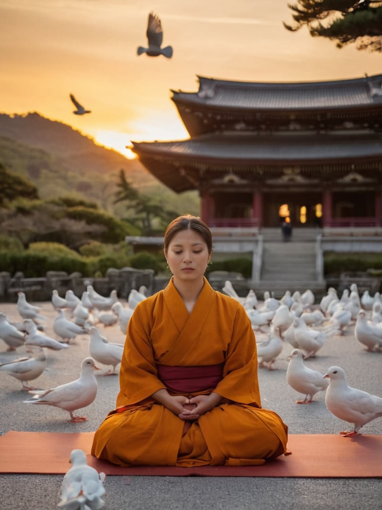 Japanese temple, female monk, meditate, sunset, white doves, evening, tranquility, peace