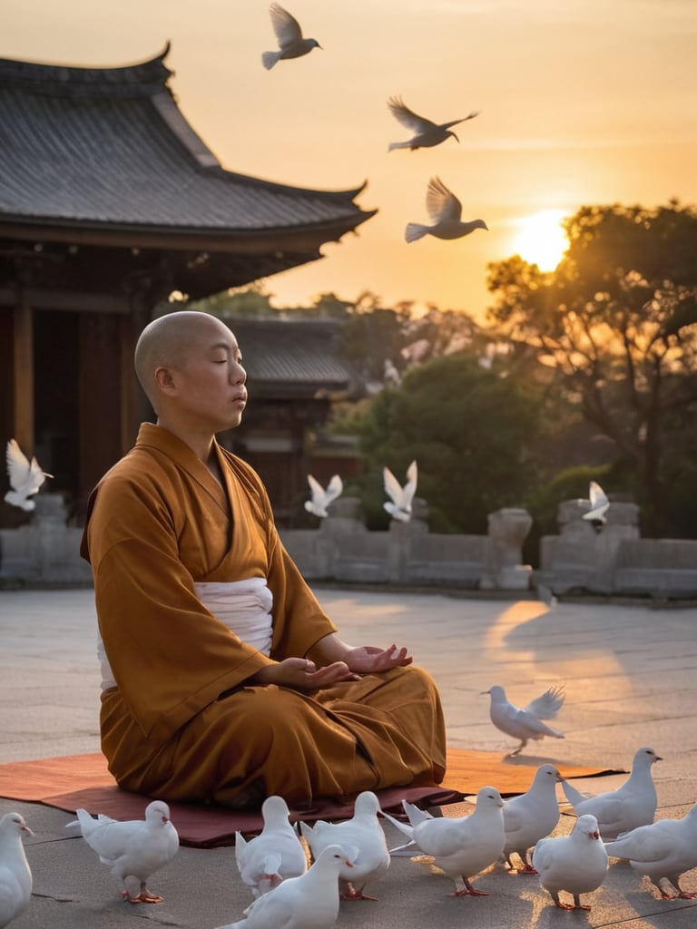 Japanese temple, monk, meditate, sunset, white doves, evening, tranquility, peace