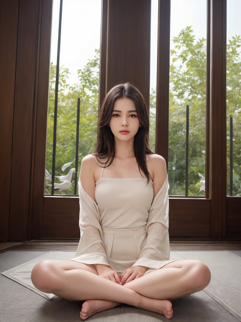 A serene Japanese temple setting at dusk, as a beautiful  korean mix french girl in black robes sits cross-legged on a tatami mat, eyes closed in meditation. Soft golden light of the sunset casts a warm glow on her tranquil face. Above, a pair of white doves flutter peacefully amidst the evening sky's subtle hues, as if reflecting the monk's serene state. Sakura, hd, extra detailed,mj