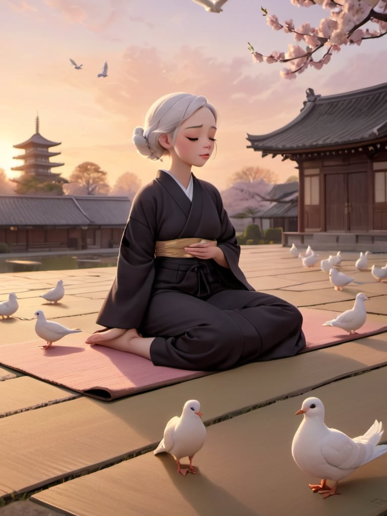 A serene Japanese temple setting at dusk, as a gentlewoman in black robes sits cross-legged on a tatami mat, eyes closed in meditation. Soft golden light of the sunset casts a warm glow on her tranquil face. Above, a pair of white doves flutter peacefully amidst the evening sky's subtle hues, as if reflecting the monk's serene state. Sakura, hd, extra detailed,disney pixar style