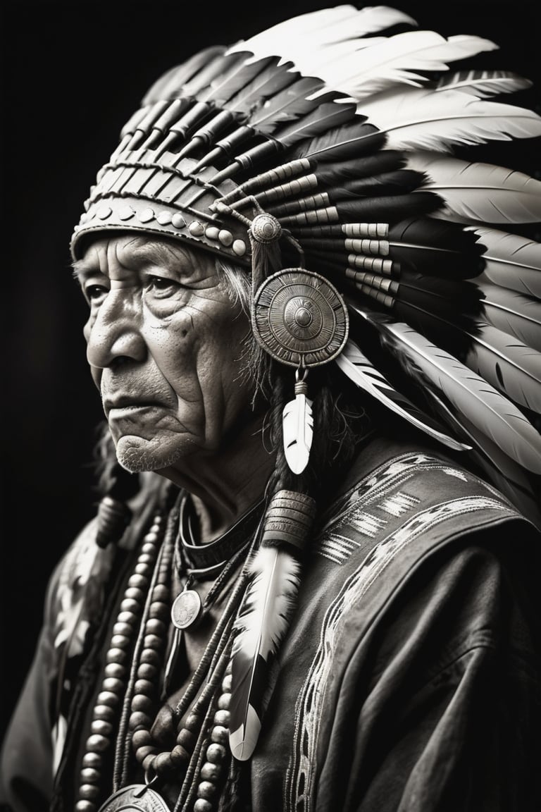Photorealistic, (Rembrandt style), (dramatic shadows), (grayscale) portrait of a native american old man face, bold black outlines, extreme detailed clothes and accesories, war helmet with eagle feathers, dark shot, monochromatic, haunting, defeated, highly detailed, Indigenous, ethnic, native american, backlighting, traditional patterns, dark background, bold, looking away,high contrast, (muted highlights), (extreme detailed eyes and face), highly detailed, 8k, insane details, (brilliant composition)