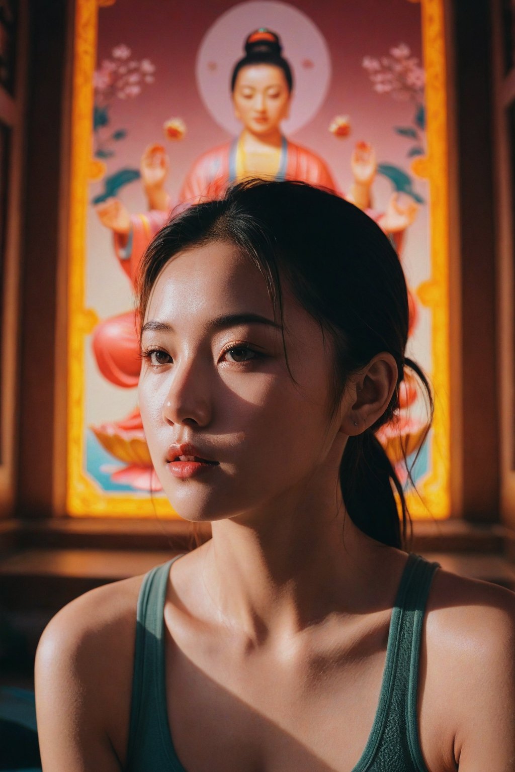 (ultra realistic,best quality),photorealistic,Extremely Realistic, in depth, cinematic light, chinese mix french, martial, smart, medictation, splash detailed, surreal dramatic lighting shadow (lofi, analog), kodak film by Brandon Woelfel Ryan McGinley, moment eyes, beautiful face, mid body, yoga, medication, 
intricate background, realism,realistic,raw,analog,portrait,photorealistic,