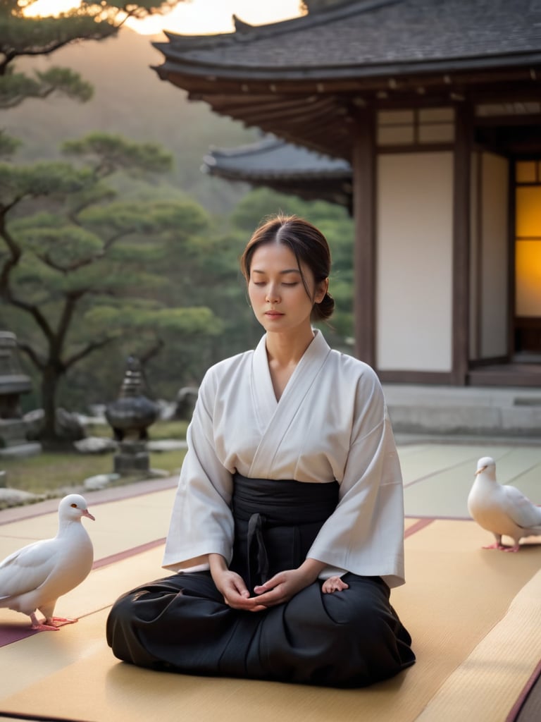 A serene Japanese temple setting at dusk, as a gentlewoman in black robes sits cross-legged on a tatami mat, eyes closed in meditation. Soft golden light of the sunset casts a warm glow on her tranquil face. Above, a pair of white doves flutter peacefully amidst the evening sky's subtle hues, as if reflecting the monk's serene state.