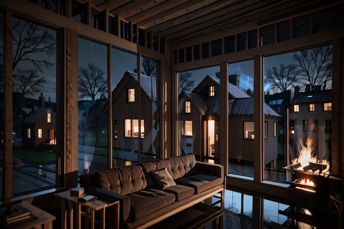 indoors, sky, night, no humans, window, street, fireplace, reflection, living house, sofa, railing, house,treehouse