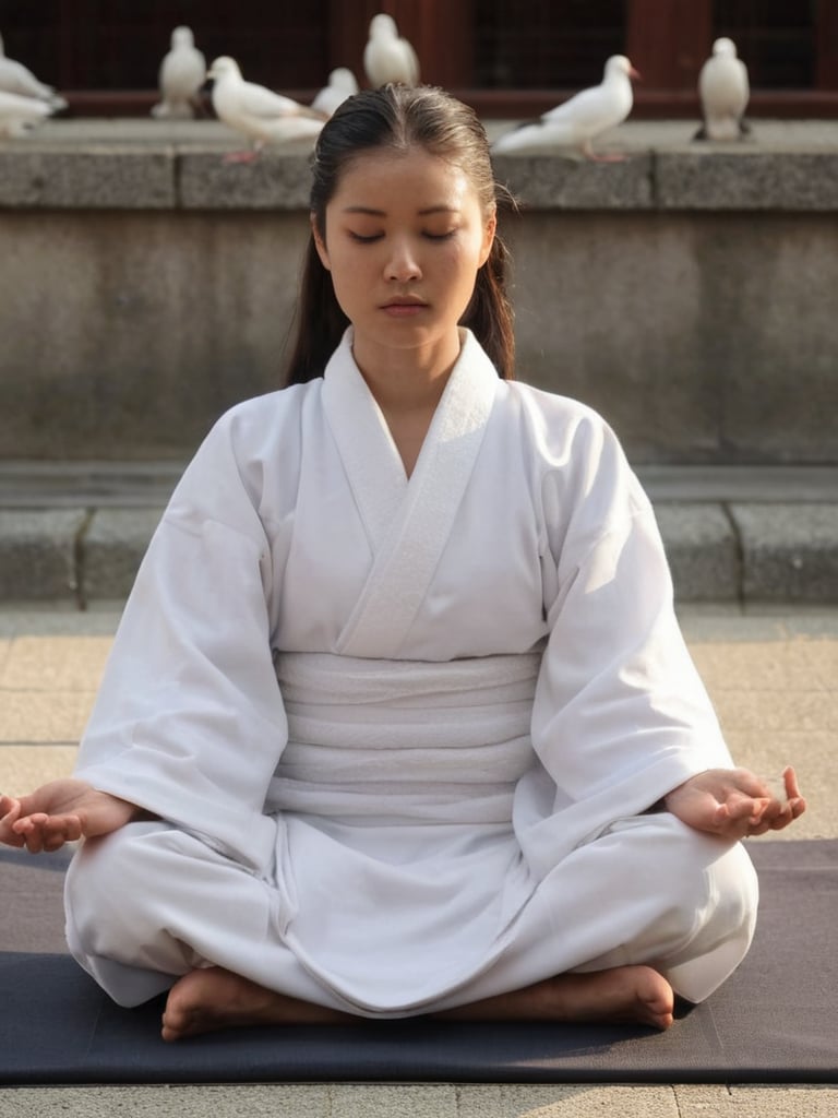 Sensoji Temple, pretty sunset, Soft golden light of the sunset casts a warm glow on her tranquil face, white doves flutter peacefully amidst the evening sky's, pretty korean mix french girl black robes sits cross-legged on a tatami mat, eyes closed in meditation, 30 years old. Average body, bright honey eyes with sharp size, full lips, long eyelashes. Black, ponytail, soul and spiritual mentor, extra photorealisctic, extra detailed, HD.,photorealistic