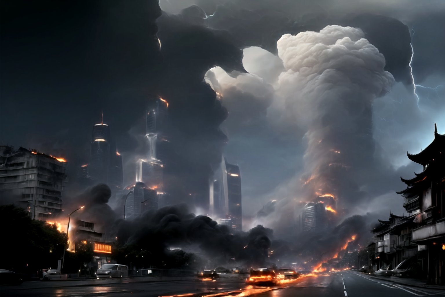 (((((Viewed_from_street:1.7))))),(((((dark_sky_with_lightning:1.7))))),((((montrous_earthquake_with_large_fissures:1.7)))),(((((((whole_Shanghai_city,road_large_fissures,skyscrapers_collapse_with_huge_larva_fire_with_huge_smoke:1.7))))))),4K cinematic quality reminiscent of an epic Steven Spielberg movie still, sharp focus on emitting diodes, smoke tendrils, artillery-induced sparks, with detailed racks and a motherboard evoking Pascal Blanche and Rutkowski Repin’s ArtStation hyperrealism, matte painting, character design detailed in the style of "Blade Runner," octane rendering,Ptcard