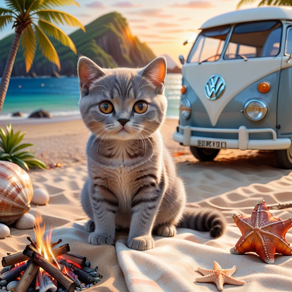 a cute little British shorthaired Kitty SITTING WITH A CAMP FIRE ON A PLAID, IN FRONT OF THE CLASSIC VW CAMPER VAN, LOVELY WELL-ARRANGED CAMPING ENVIROMENT NEXT TO THE VAN (art, DETAILED textures, pure perfection, hIgh definition), detailed beach around , tiny delicate sea-shell, little delicate starfish, sea ,(very detailed TROPICAL hawaiian BAY BACKGROUND, SEA SHORE, PALM TREES, DETAILED LANDSCAPE, COLORFUL) (GOLDEN HOUR LIGHTING), delicate coral, sand piles,art_booster,stworki,DonMH010D15pl4yXL 