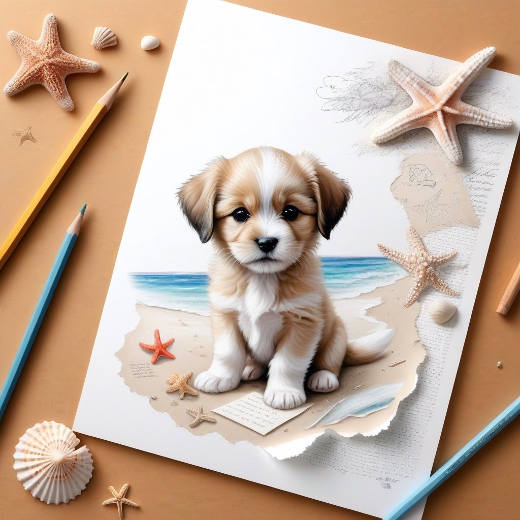 ((ultra realistic photo)), artistic sketch art, Make a pencil sketch of an adorable little FLUFFY PUPPY on a torn edge LETTER WITH LITTLE DRAWINGS AND  TEXTS, art, DETAILED textures, pure perfection, hIgh definition, detailed beach around THE PAPER, tiny delicate sea-shell, little delicate starfish, sea ,TROPICAL BAY, delicate coral, sand pile on the paper,little calligraphy texts, little drawings on the paper,, text: "puppy", text. ,BookScenic,art_booster